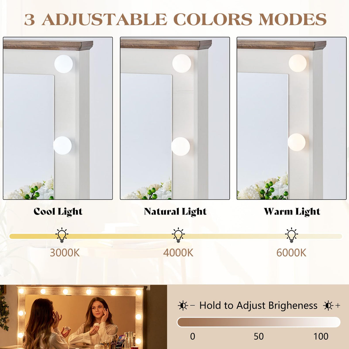 LUXOAK 55'' Farmhouse Vanity Desk with Mirror and Lights, Large Makeup Table with Charging Station, Glass Tabletop & 5 Drawers, Rustic Dressing Table for Bedroom, Antique White LUXOAK