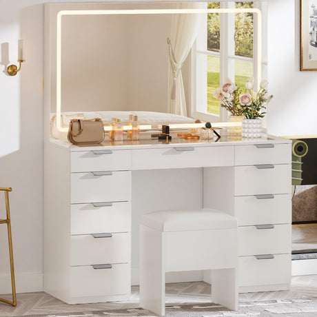 YITAHOME LED Makeup Vanity Table, Glass Top Vanity Desk with Hidden Storage Stool, Vanity with Built-in Power Outlets and USB Ports YITAHOME