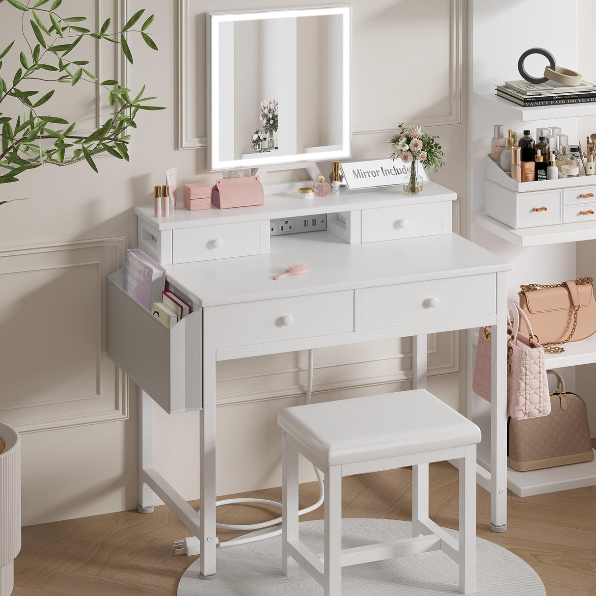 KAI-ROAD White Makeup Vanity Desk with Mirror and Lights, Vanity Set with Chair, Make Up Dresser Table with Drawers and Power Outlet for Girls Bedroom Small Space KAI-ROAD