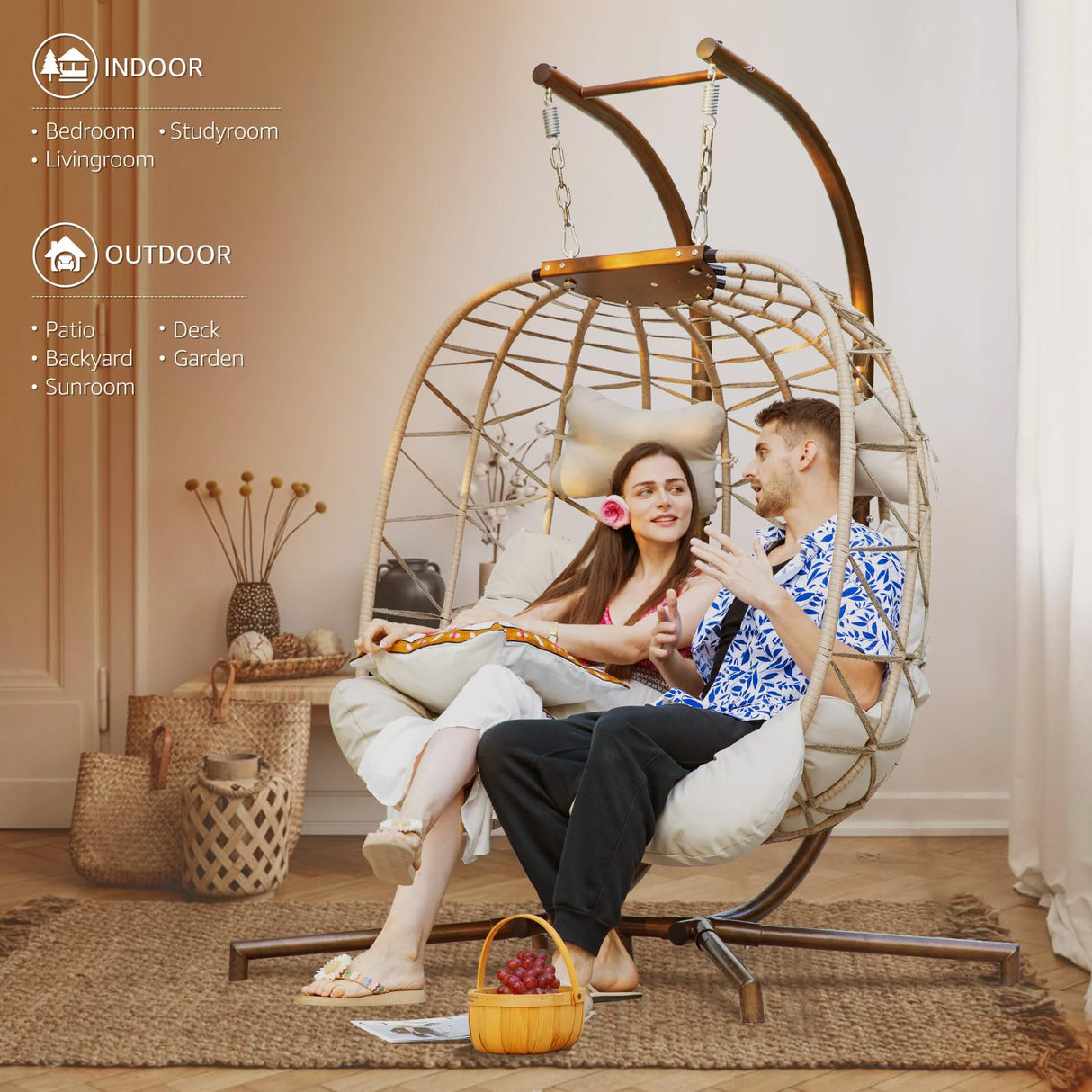 NICESOUL Double Swing Egg Chair with Stand, Extra Large 2 Person Indoor Outdoor Wicker Loveseat, Oversized Patio Hanging Basket Chair with Cushions, 700Lbs Sturdy Porch Swing for Backyard, Beige NICESOUL