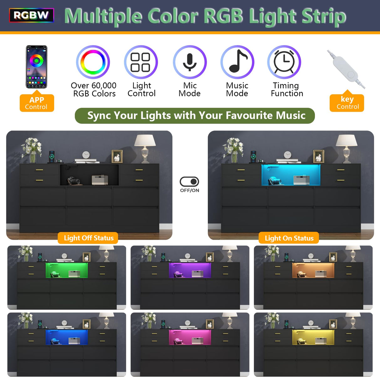 Loomie Upgraded 10 Drawer Black Dresser with Charging Station & Led Lights for Bedroom, 58" Long Triple Wide Dresser TV Stand for TVs up to 65", Wide Chest of Drawer, Large Dressers Organizer wCubby Loomie