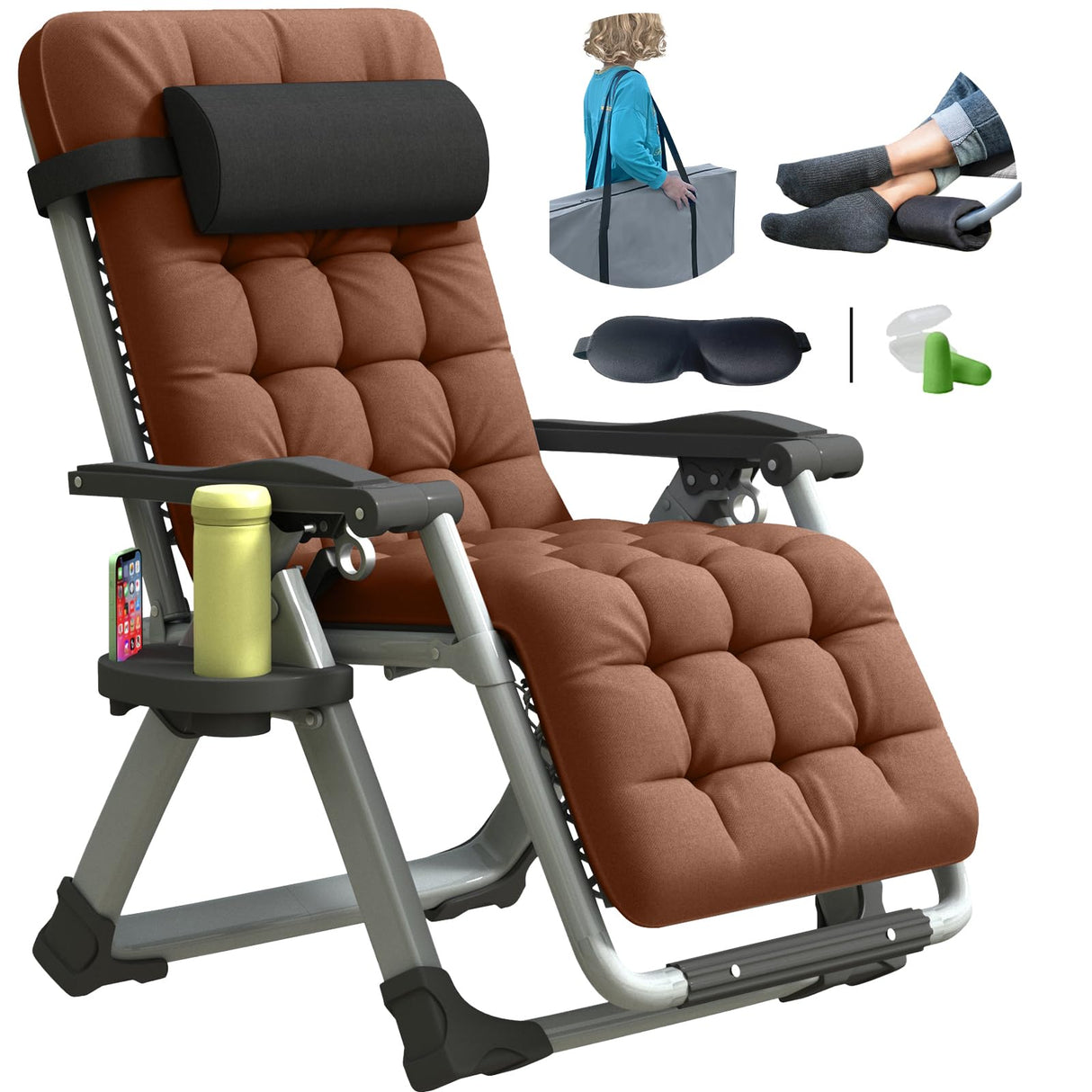 YOMIFUN Oversized Zero Gravity Chair, XL Lounge Chair 29” Width, Padded Recliner Chair W/Removable Cushion & Adj Headrest, Storage Bag, Footrest Cushion, Cup Holder, for Indoor Outdoor, Brown YOMIFUN