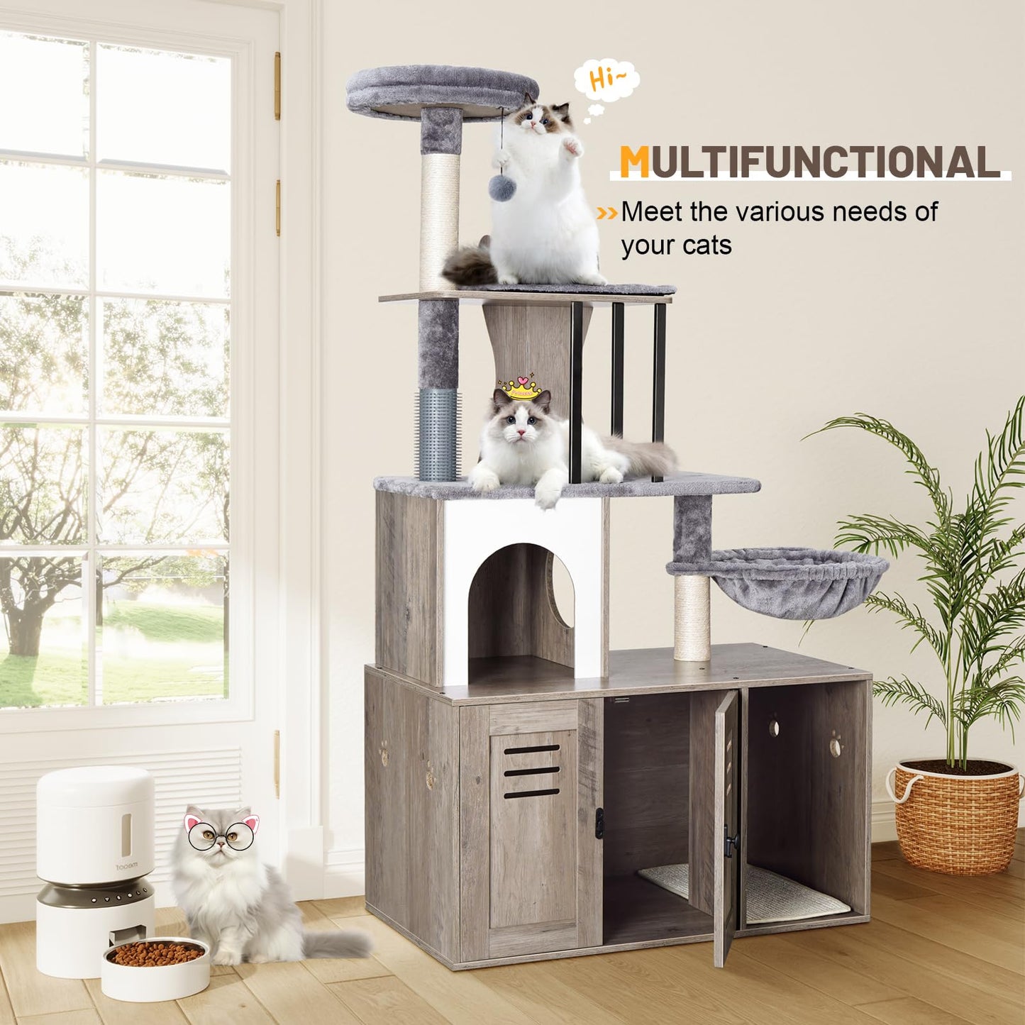 Snughome Cat Tree with Litter Box Enclosure Furniture, 2-in-1 Modern Cat Tower for Indoor Cats, 58.66’’ Wood Cat Condo with Scratching Post and Hammock, Indoor Cat Furniture with Large Platfo - WoodArtSupply