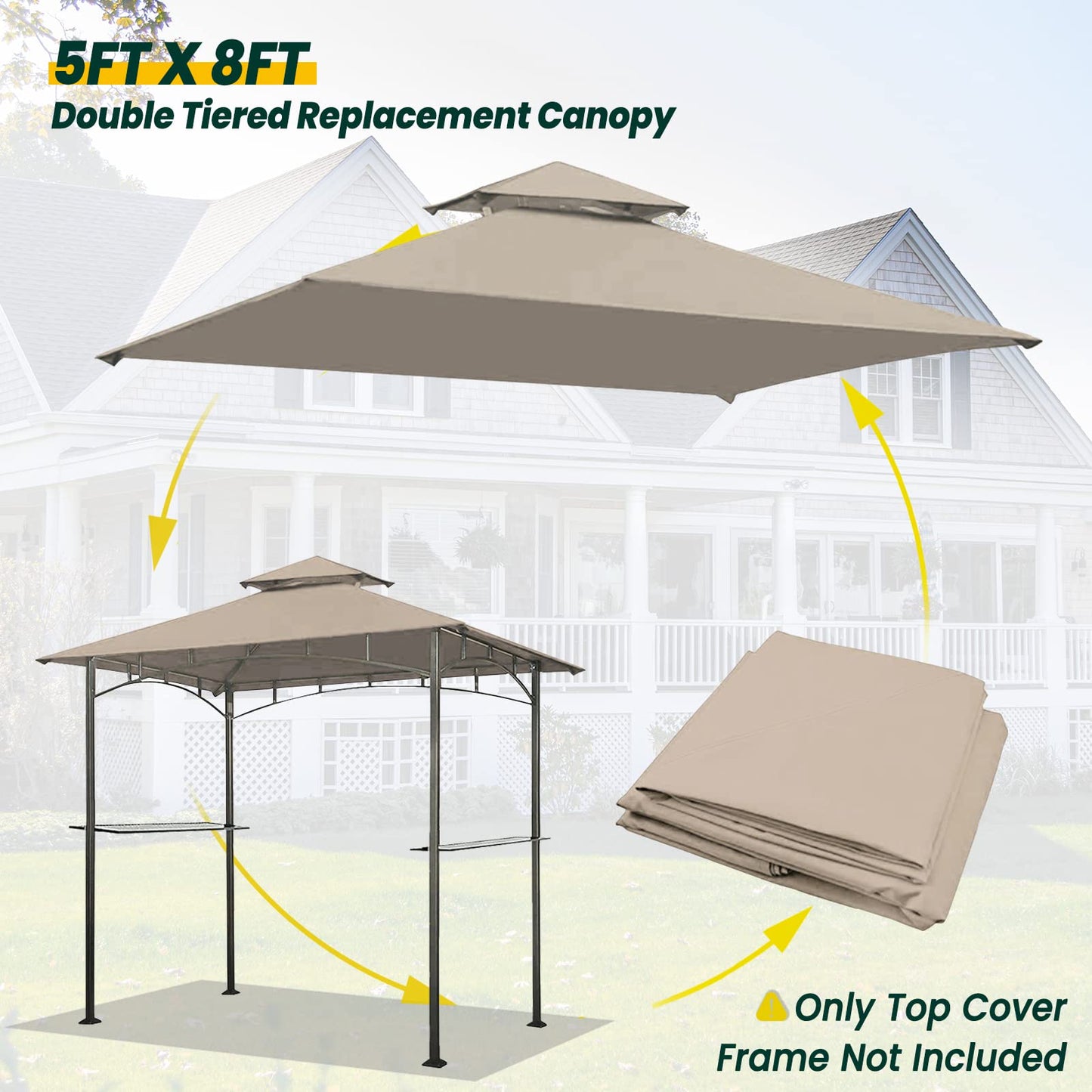 OLILAWN Grill Gazebo Replacement Canopy Roof, 5' x 8' Outdoor BBQ Gazebo Canopy Top Cover, Double Tired Grill Shelter Cover with Durable Polyester Fabric, Fit for Model L-GG001PST-F, Beige - WoodArtSupply