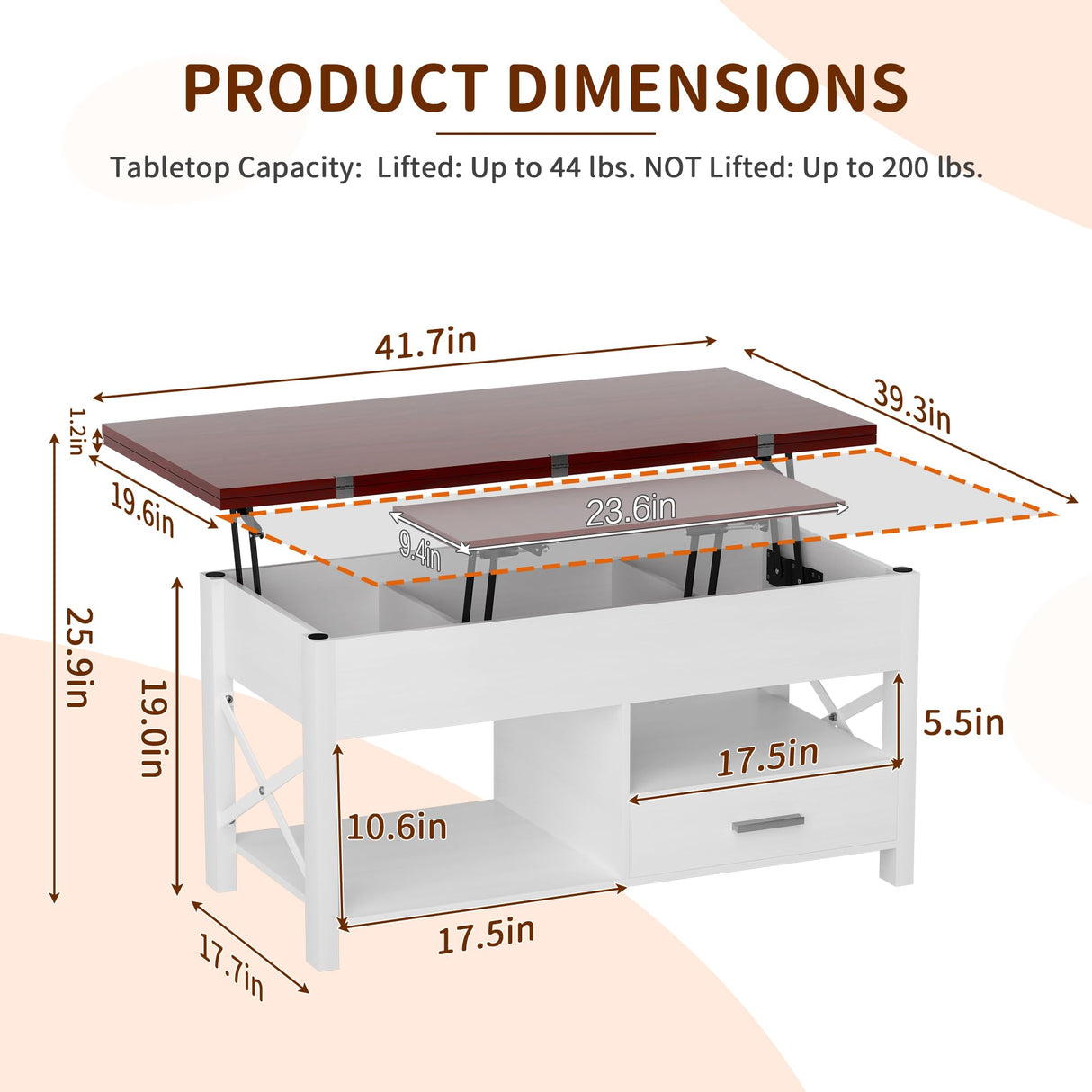 Lift Top Coffee Tables for Living Room, 42“ Multi-Function Coffee Table Converts to Dining Table, Modern Center Table with Storage Drawer and Hidden Compartments, Coffee Table with Lifting Top, White VAXZOFI