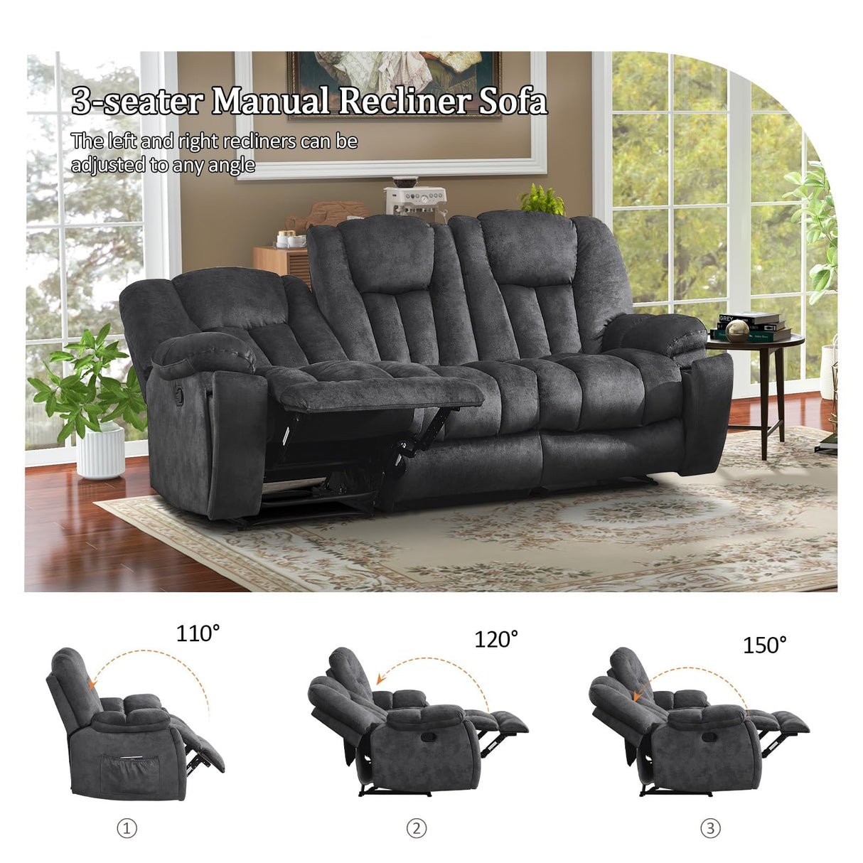 CANMOV Manual Recliner Loveseat, 2 Seat Recliner Sofa Chair with Overstuffed Armrest and Backrest, Soft Fabric Reclining Loveseat Living Room Set with Hidden Cup Holders for Adults Elderly,Grey CANMOV