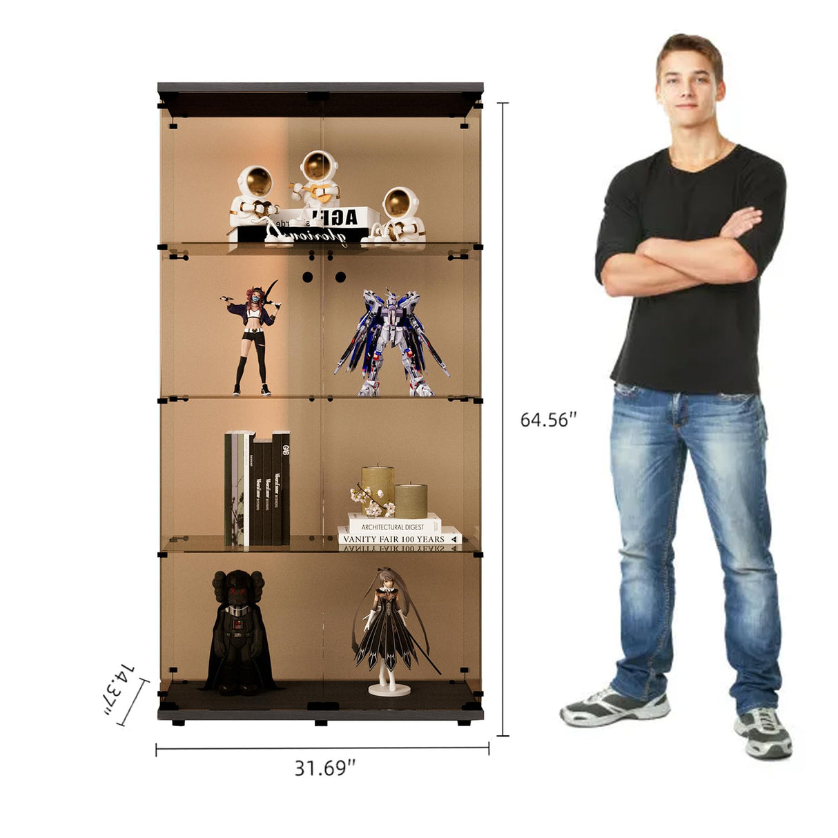 Zacis Glass Display Cabinet with Lights and Lock, 4-Tier Display Case Curio Cabinet with Glass Door, Floor Standing Showcase for Living Room Bedroom Home Office 31" W x 14.3" D x 64.5" H Zacis