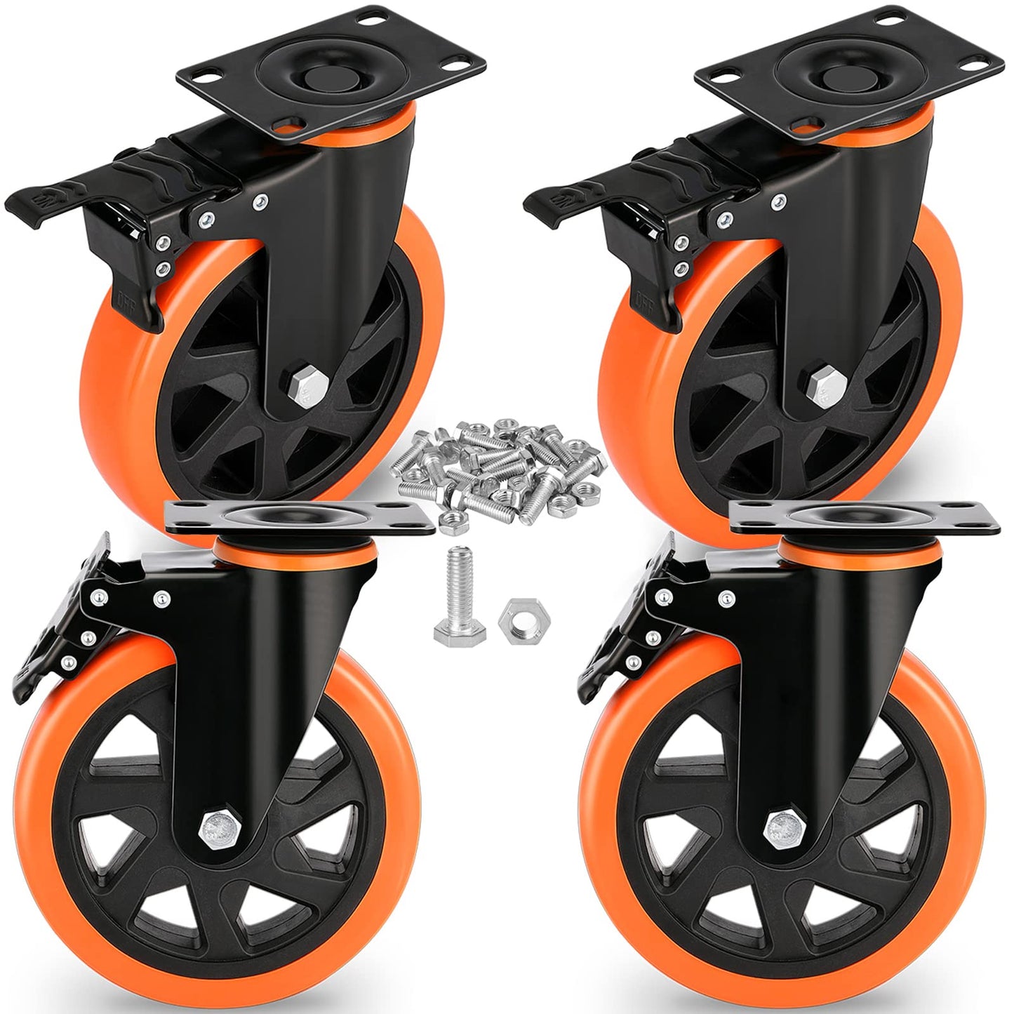 6 Inch Heavy Duty Caster Wheels Load 3000 Lbs with Brake Safety Dual Locking No Noise Wheels Swivel Casters Set of 4 (Free Screws)