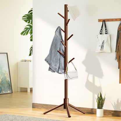 Aliphon Coat Rack, Freestanding Coat Rack, Wooden Coat Rack with 8 Hooks, 3 Adjustable Sizes Tree Coat Racks for Bedroom, Hallway, Entrance, Office, Clothes, Hats, Bags