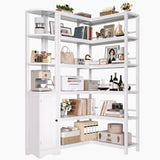 Keyluv 72" Tall Corner Bookshelf with Door, 6-Tier L Shaped Bookshelves and Bookcase with Storage Cabinet, 2 Pieces Individual Convertible Book Shelf, Display Shelf for Home Office Living Room, White Keyluv