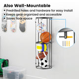 Garage Ball Storage Rack – Freestanding & Wall Mounted Sports Organizer with Elastic Cords Holds 7 Balls – Space Saving Basketball Soccer Football Holder for Home Kids Room WoodArtSupply