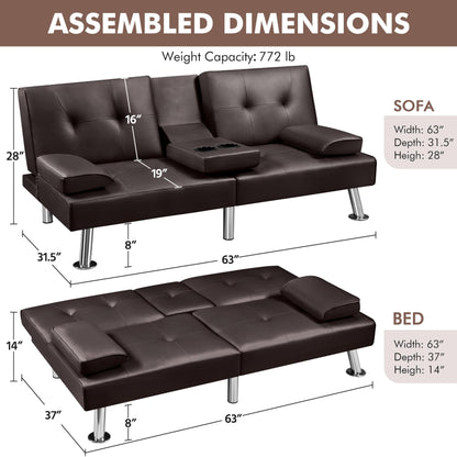 Yaheetech Convertible Sofa Adjustable Couch Sleeper Modern Faux Leather Home Reversible Loveseat, Removable Armrests, 3 Angles, 772lb Capacity, Espresso