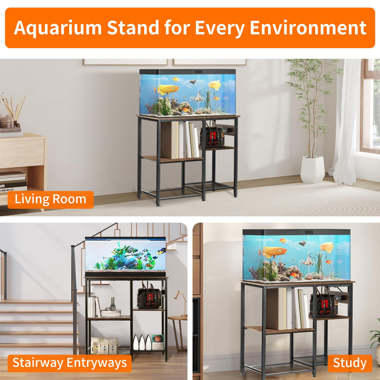 20-29-37 Gallon Fish Tank Stand with 3 Power Outlet 2 USB Port, Metal Aquarium Stand with 4-Tier Adjustable Storage Shelves, 30''L* 13''W*30''H Reptile Tank Stand, Fish Tank Table, 500lbs Capacity SECOCTSR
