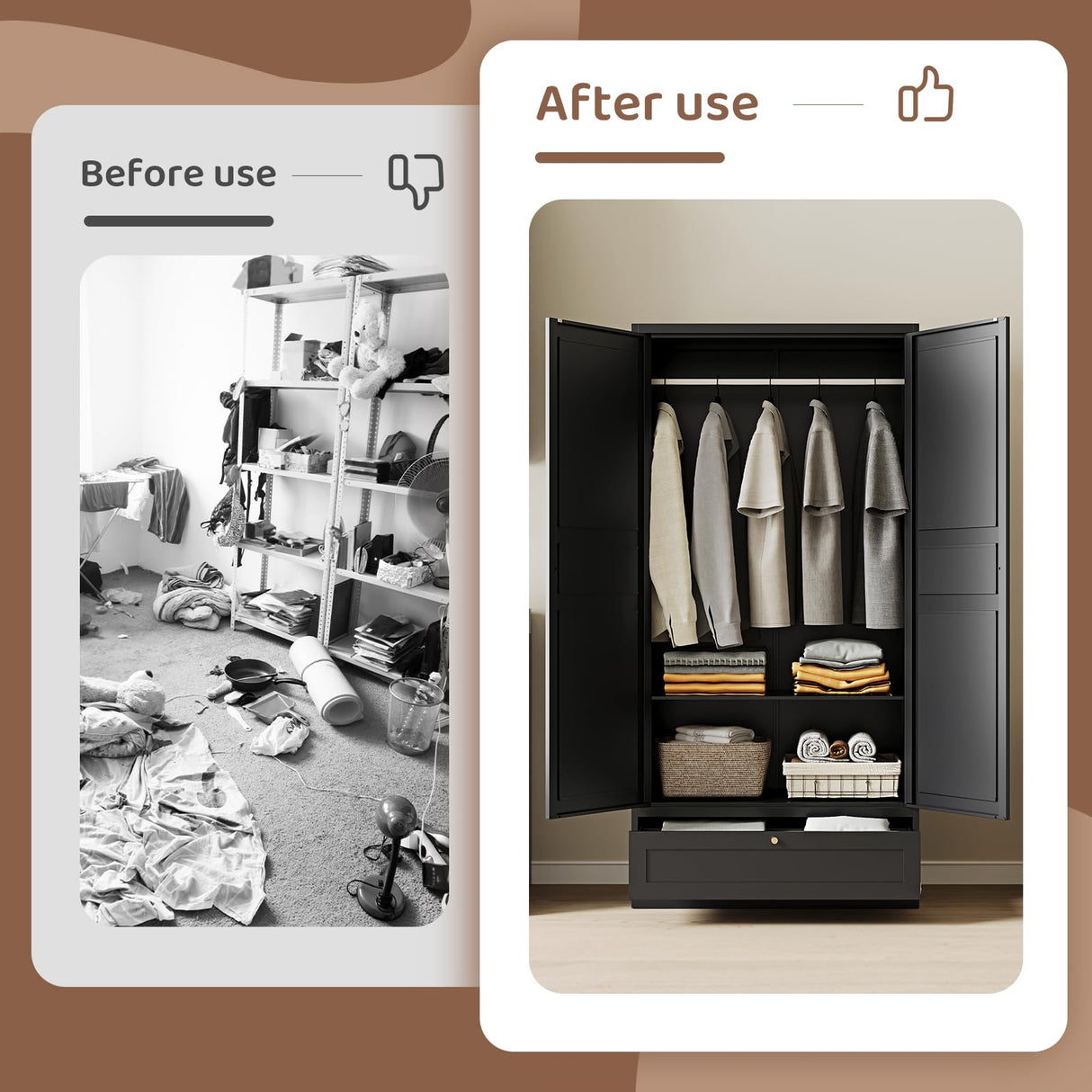 ZAOUS Metal Armoire Wardrobe Closet,72" Tall Wardrobe Cabinet with Drawer,2 Doors Armoire Storage Closet with Adjustable Shelves and Hanging Rod for Bedroom,Black ZAOUS