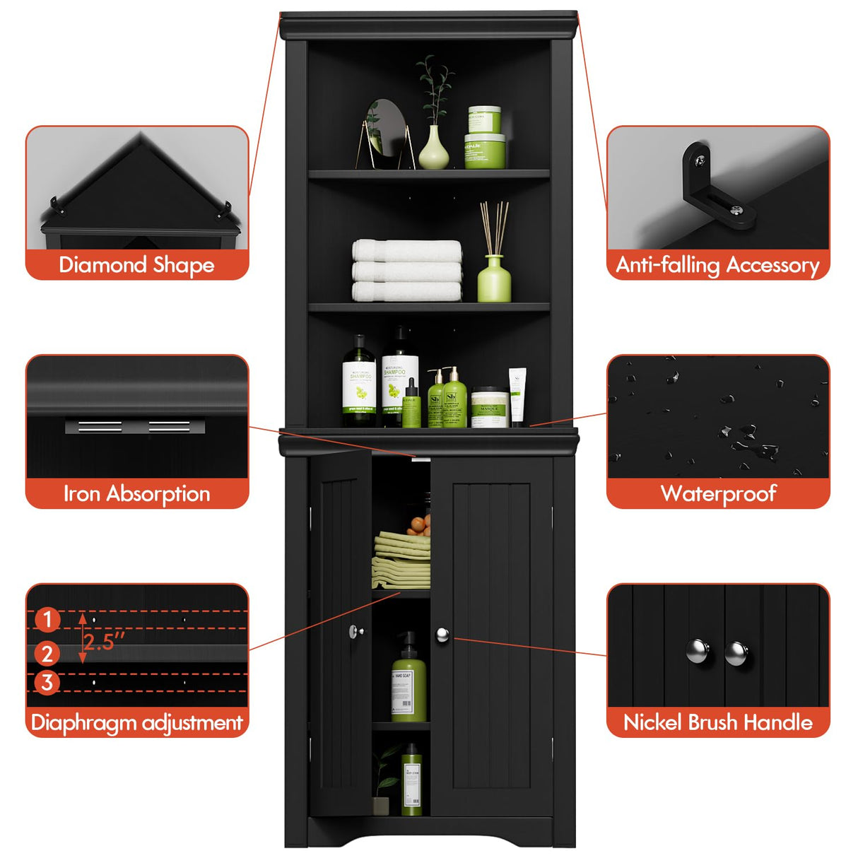 YESHOMY Corner Cabinet,Storage Cupboard with Doors,Tall Storage Cabinet with Adjustable Shelves, for Living Room,Bathroom,Kitchen,Dark Black YESHOMY