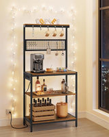 VASAGLE Bakers Rack with Charging Station, 31.5 Inches Coffee Bar Stand with Adjustable Storage Shelf, Grid Panel, 12 Hooks, Table for Microwave, Kitchen, Rustic Brown and Ink Black UKKS016K01 VASAGLE