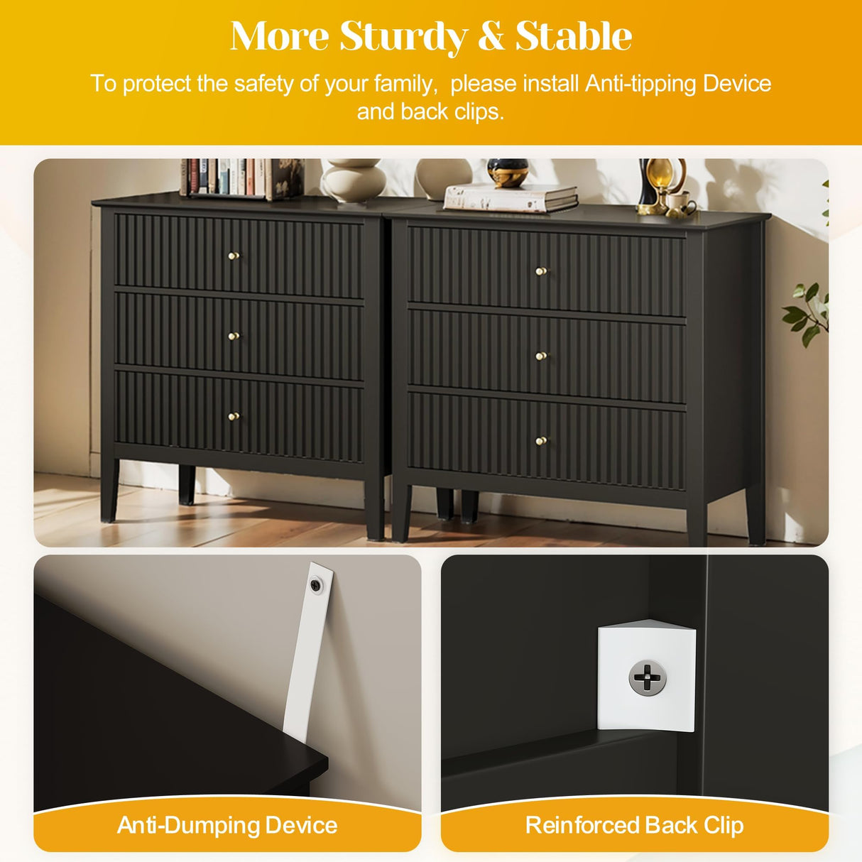 May in Color Large Black Fluted 3 Drawer Dresser Set of 2, Chest of Drawers with Ball Bearing Slide Modern 30 inch Tall Wood Nightstand with Spacious Storage for Bedroom Hallway Living Room Entryway May in Color