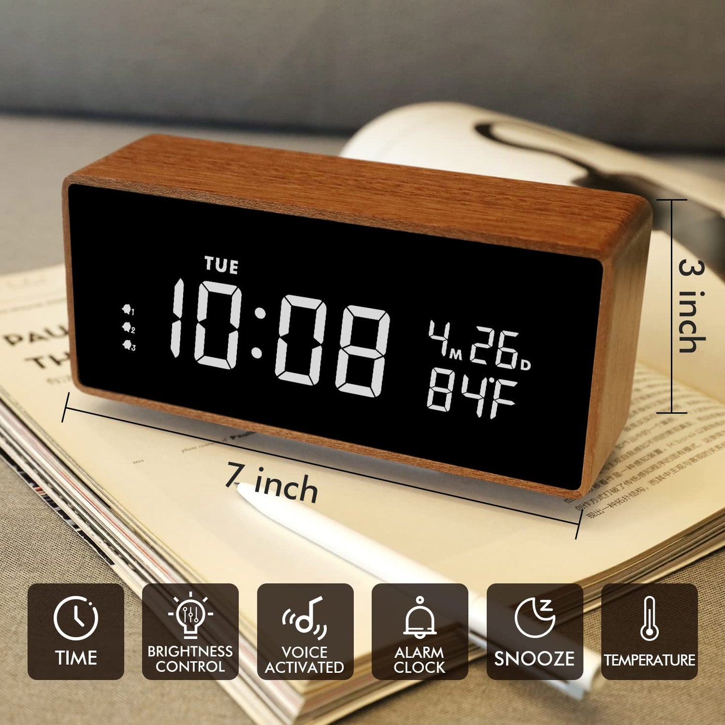 Wood Digital Alarm Clock Wooden Desk Clocks with USB Ports Travel Alarm Small Bedside Table Snooze Alarm Clock with Temperature Minimalistic Room Decor Large Display for Bedroom Farmhouse Bat - WoodArtSupply