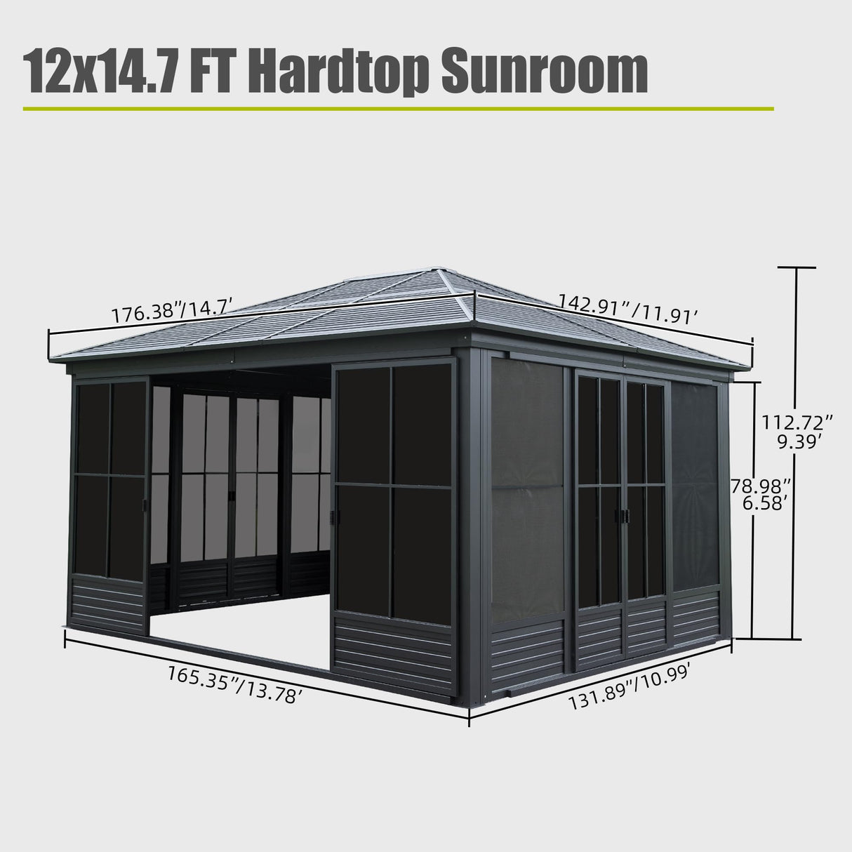 Domi 12x15FT Sunroom, Four Season Solarium with Galvanized Steel Hardtop, Aluminum Frame, 4 Sliding Doors, Movable PVC Screen Walls, All Weather Outdoor Pavilion for Patio, Deck, Backyard, Grey domi outdoor living
