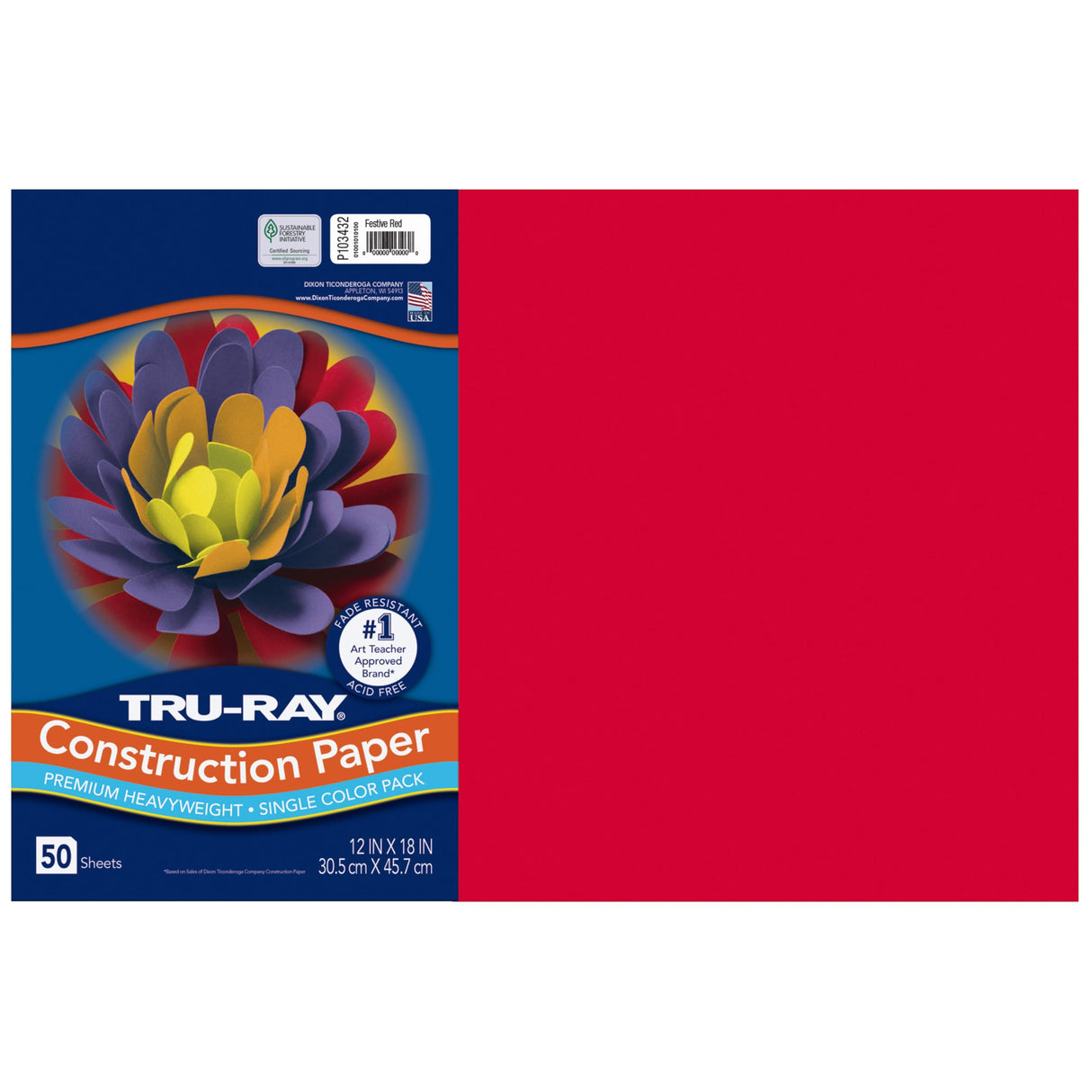Tru-Ray® Construction Paper, 50% Recycled, 12" x 18", Festive Red, Pack Of 50 Tru-Ray