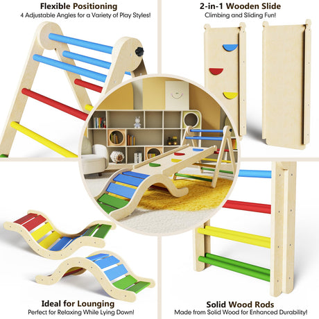 Pikler Triangle Set 7in1 Toddler Climbing Toys Indoor Foldable Baby Climbing Toys Wooden Montessori Climbing Set with Arch, Ramp, Ladder for 1-3 Years, Jungle Gym for Kids Colored doowroodni