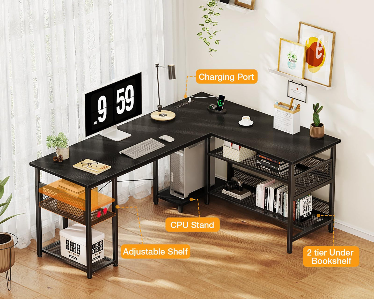 ODK 59" L Shaped Desk with Power Outlet, USB Ports, and Ample Storage - Reversible Black Home Office and Gaming Corner Desk - WoodArtSupply