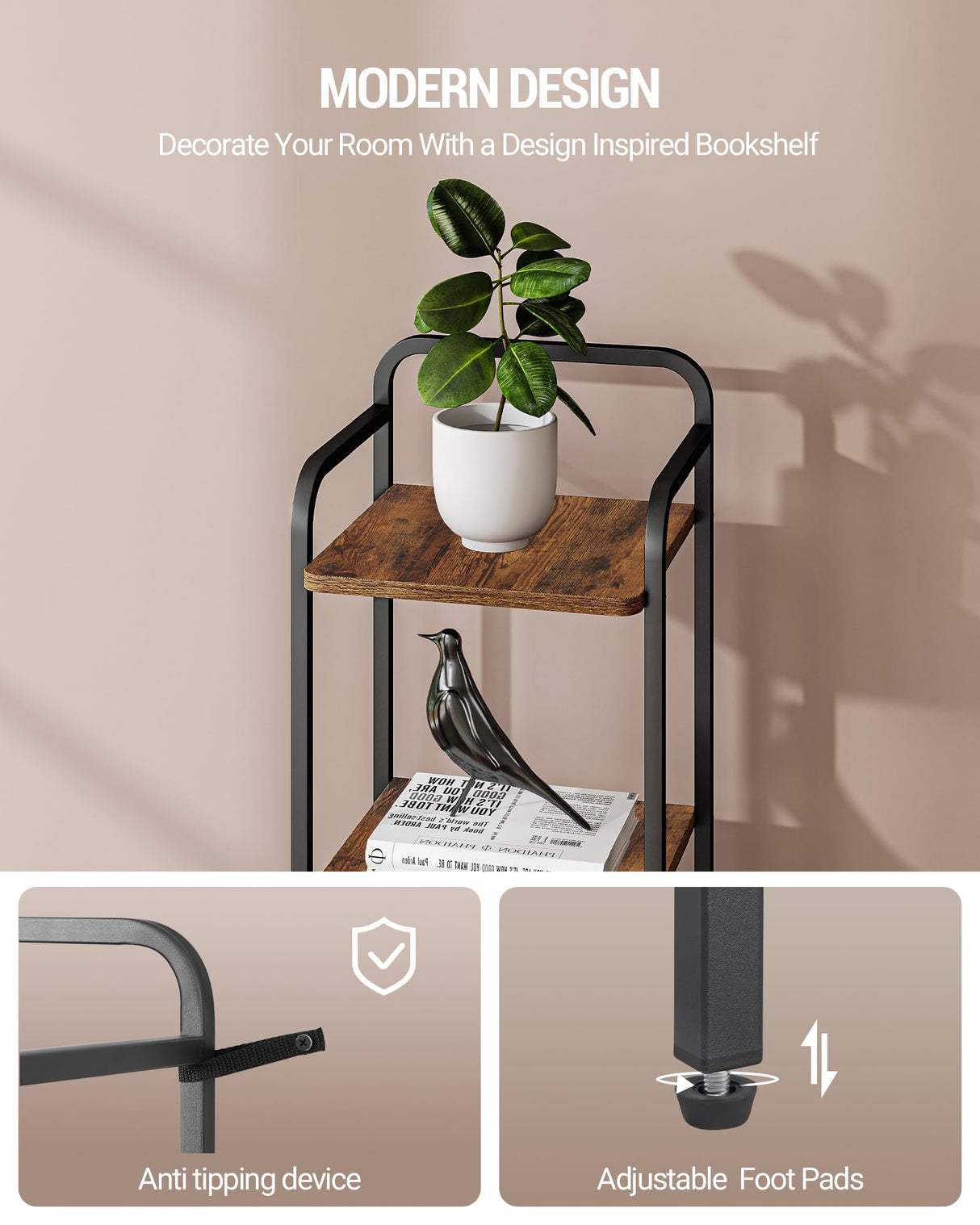 Hzuaneri Bookcase Bookshelf, Narrow Book Shelf, Industrial Corner Shelf Storage Organizer, Slim Shelving Unit for Home Office, Living Room, Bedroom, Kitchen, 5-Tier Rustic Brown and Black BC24501B Hzuaneri