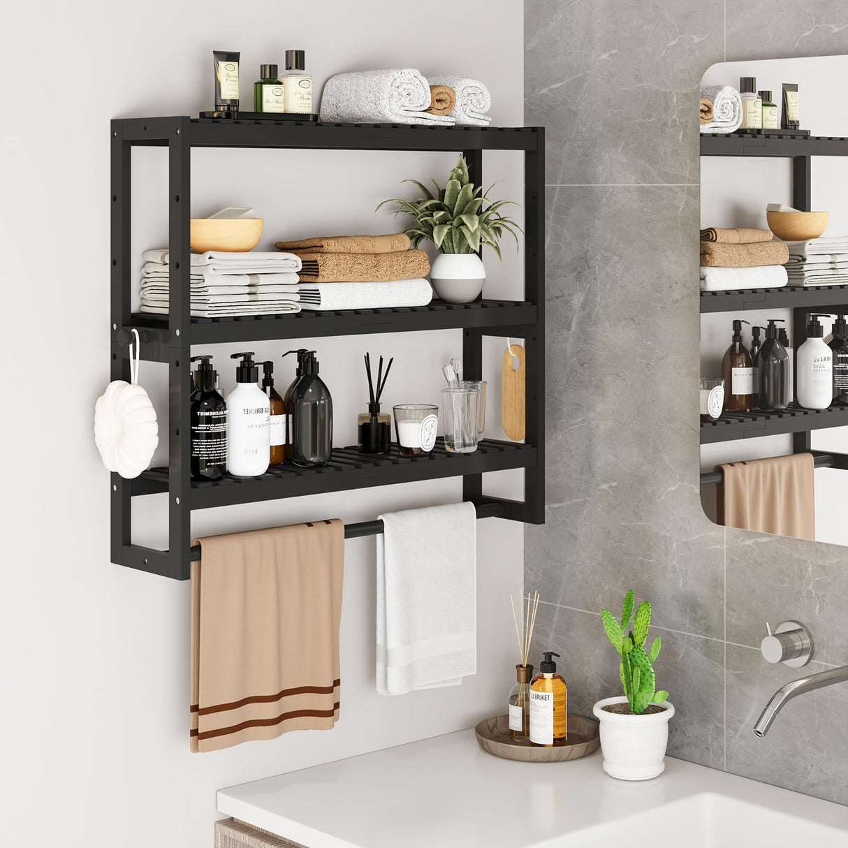 RRX Bathroom Shelf Storage Organizer, Bathroom Shelf 3-Tier Adjustable Layer Bamboo Organizer with Bar, Hanging, Freestanding Over Toilet Utility Shelves, Black RRX