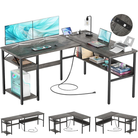 Hyomdeck Reversible L Shaped Gaming Desk with Power Outlets and USB Charging Ports, Sturdy Computer Desk with Storage Shelf, Modern Corner Desk Home Office Table, Easy to Assemble, Gray Oak Hyomdeck