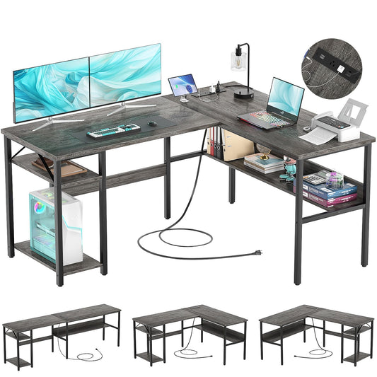 Hyomdeck Reversible L Shaped Gaming Desk with Power Outlets and USB Charging Ports, Sturdy Computer Desk with Storage Shelf, Modern Corner Desk Home Office Table, Easy to Assemble, Gray Oak - WoodArtSupply