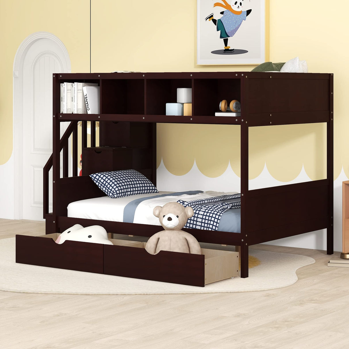 Merax Twin Over Full Bunk Bed with Storage Drawers and Shelf, Bunk Beds Twin Over Full with Storage Staircase, Wood Slat Support, No Box Spring Needed, Espresso Merax