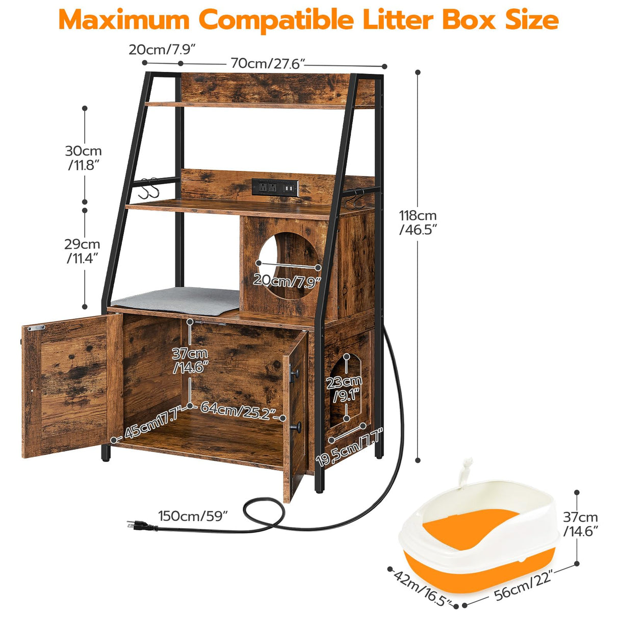 HOOBRO Litter Box Enclosure with 2 Storage Shelves, Indoor Tall Cat Litter Box Furniture Hidden with Charging Station with Cat House and Plush Mat, Rustic Brown and Black BF70UMW01 HOOBRO