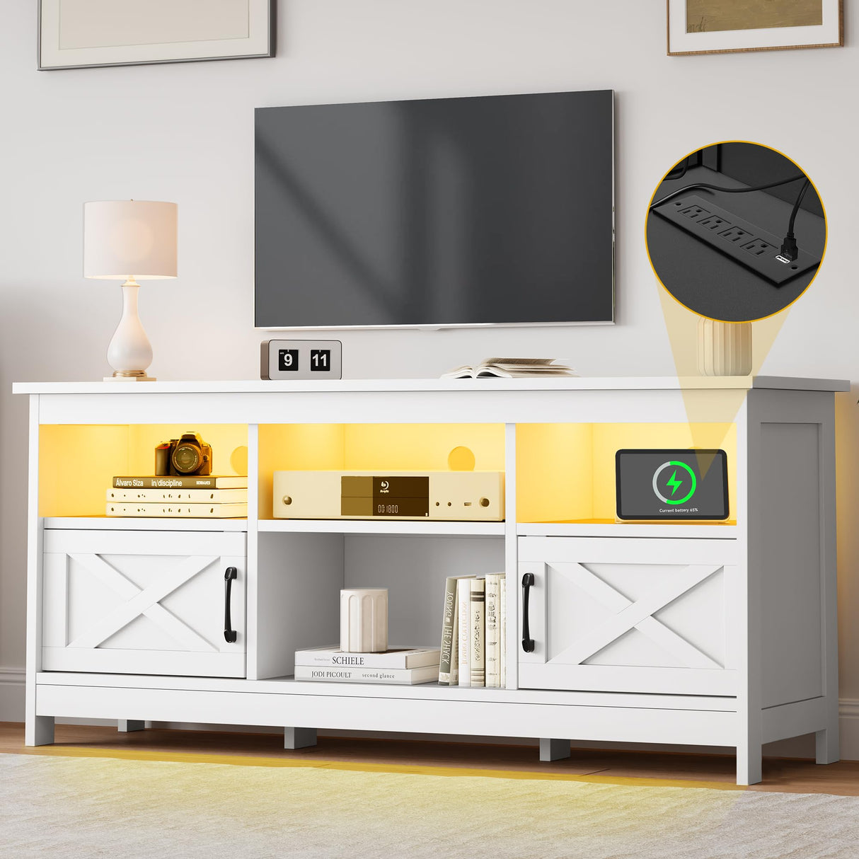 DWVO Farmhouse TV Stand for TVs Up to 65 Inch, Entertainment Centre with LED Light, TV Table with Power Outlet, TV Console for Living Room Bedroom, 59 Inches White DWVO