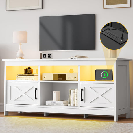 DWVO Farmhouse TV Stand for TVs Up to 65 Inch, Entertainment Centre with LED Light, TV Table with Power Outlet, TV Console for Living Room Bedroom, 59 Inches White DWVO