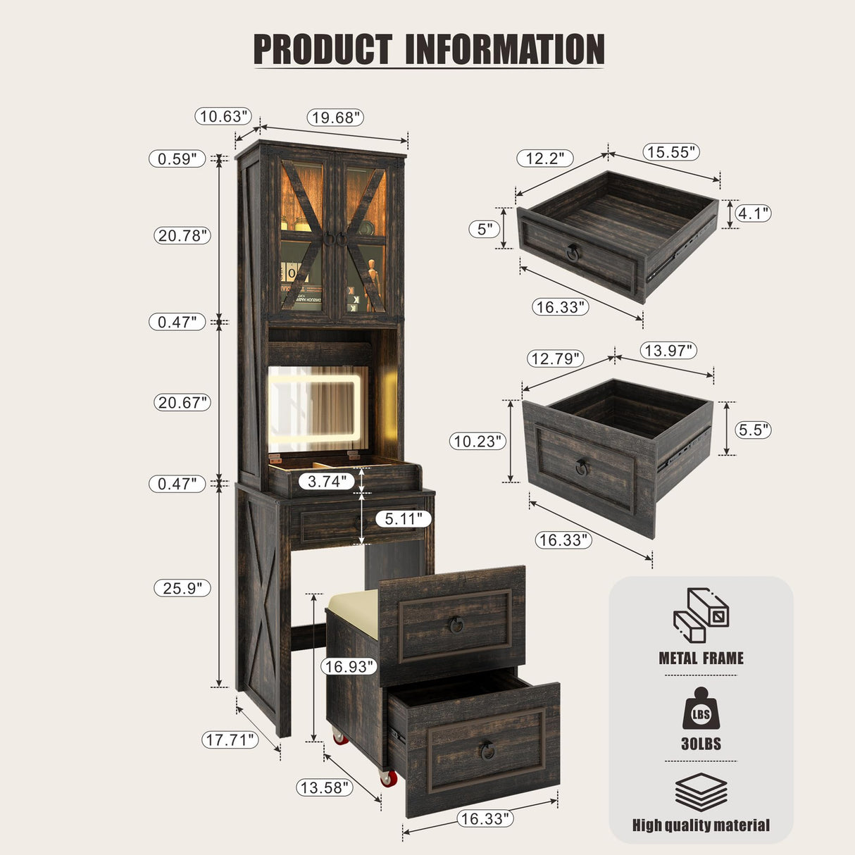 FREDEES Vanity Desk with Mirror,Small Makeup Vanity Set with Customizable Lighting,Compact Makeup Vanity Desk with Hidden Storage and Comfortable Stool,Dressing Table for Bedroom,Brown FREDEES