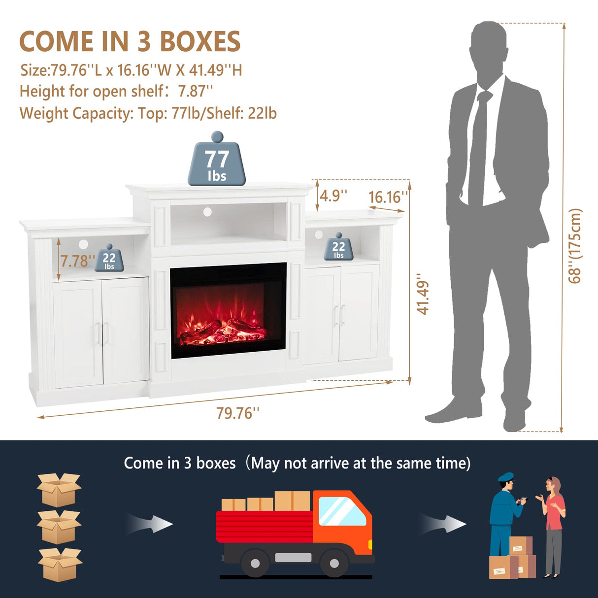 VINGLI Electric Fireplace with Mantel, Fireplace TV Stand for TVs Up to 85'', Modern Entertainment Center with Storage, TV Console with Shelves for Living Room and Bedroom (White, 79'' x 16'' x 41'') VINGLI