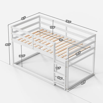 TOLEAD Low Bunk Bed Twin Over Twin, Floor Bunk Bed with Ladder, Twin Bunk Bed with Full Guardrails, Wooden Bunk Bed for Juniors, Boys, Girls, Kids, Bedrooms (White)