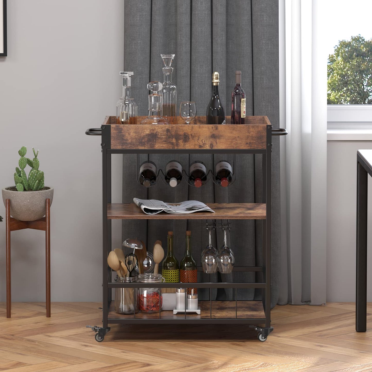 SogesHome Industrial Bar Cart Home, Wine Cart on Wheels with Shelf, Kitchen Serving Utility Cart Beverage Cart with Wine Rack and Glass Holder, Rustic Brown