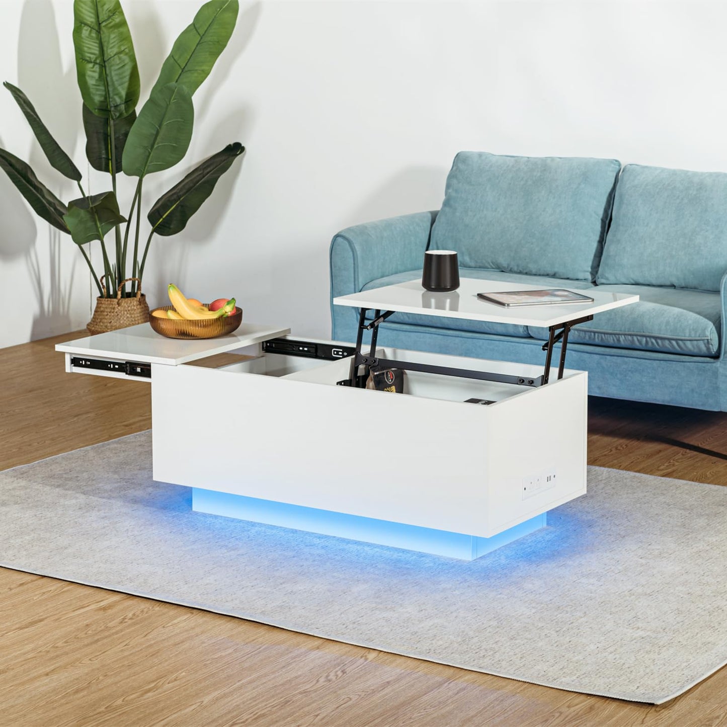 HOMMPA Lift Top Led Coffee Table with Charging Station Modern Table for Living Room with Hidden Compartment High Glossy Lift Tabletop White Coffee Table for Living Room - WoodArtSupply