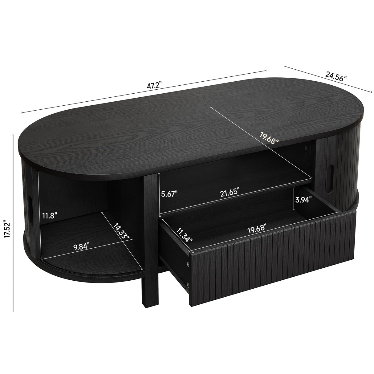 ONBRILL 47.2 Inch Oval Coffee Table with Storage, Mid Century Modern Coffee Table with Drawer, Center Table with Sliding Door and Wood Fluted Handle for Living Room, Black ONBRILL
