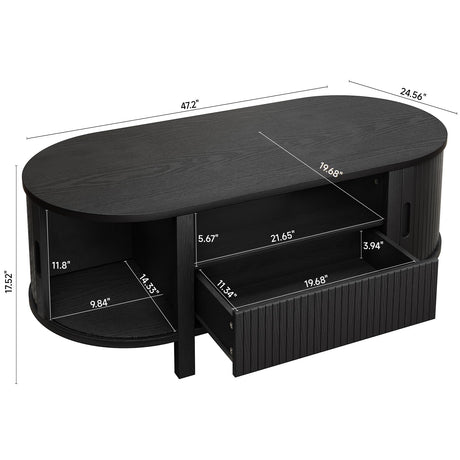 ONBRILL 47.2 Inch Oval Coffee Table with Storage, Mid Century Modern Coffee Table with Drawer, Center Table with Sliding Door and Wood Fluted Handle for Living Room, Black ONBRILL