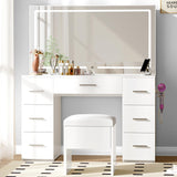VALONDINO Makeup Vanity Desk with Power Outlet, 46'' Glass Top Vanity Set, 7 Drawers Vanity Table with Cushioned Stool, 3 Lighting Modes Brightness Adjustable,White VALONDINO