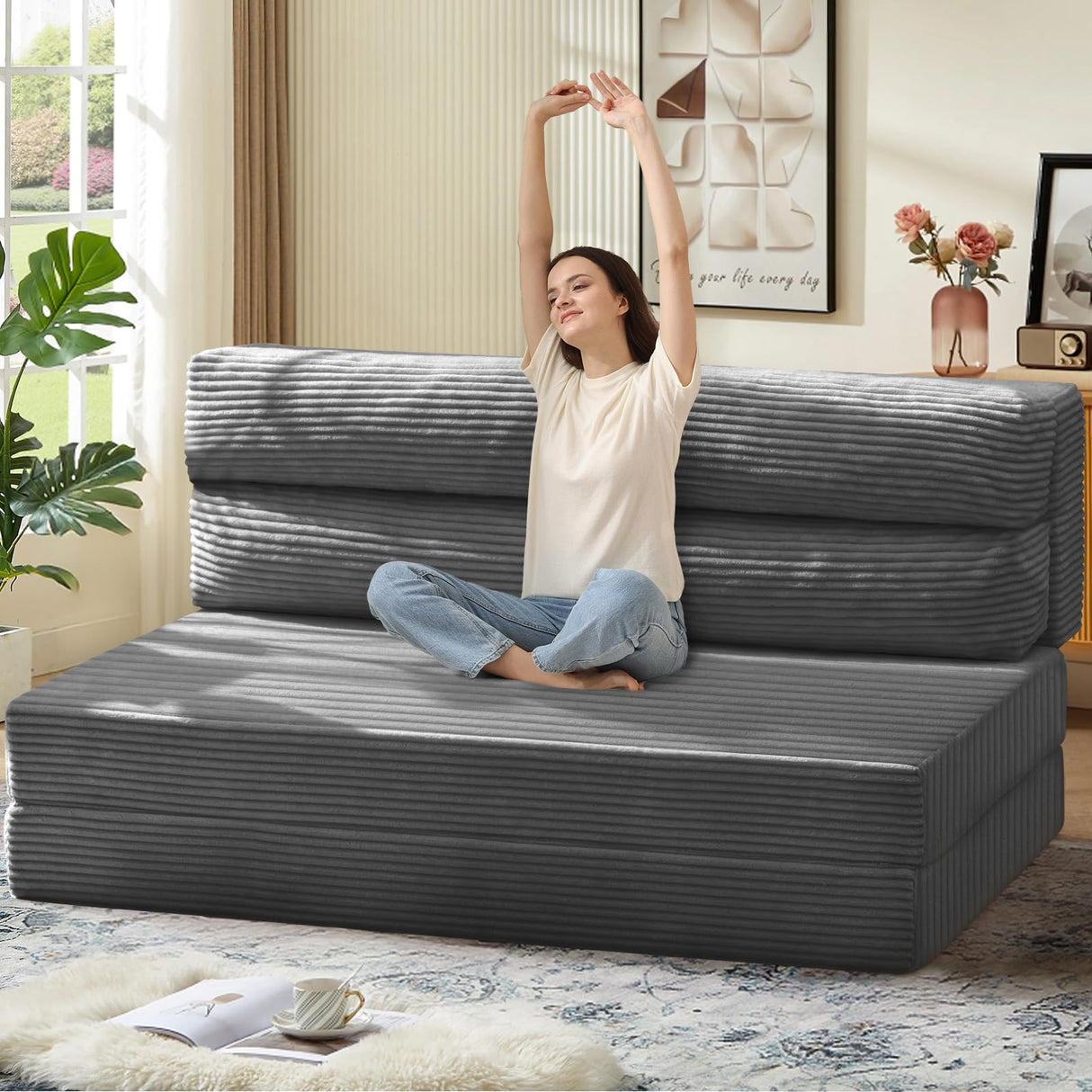 JUIKURY Folding Sofa Bed, Convertible Sleeper Chair with Pilow Foldable Matress, 2 in 1 Pull Out Loveseat Sofa Portable Fold Out Chair Bed Comfy Floor Couch Lounge for Living Room Bedroom JUIKURY