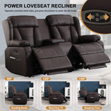 DUNELLA 66" Power Loveseat Recliner Sofa, Home Theater Seating with Console, Electric Recliner RV Sofa with USB/USB-C/Storage/Side Pocket/LED Light for Travel Trailers(Brown) DUNELLA