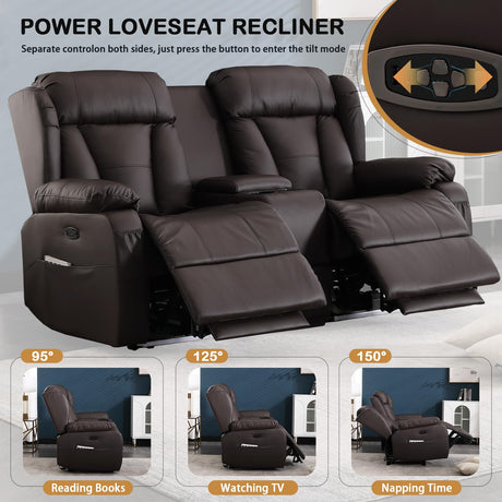 DUNELLA 66" Power Loveseat Recliner Sofa, Home Theater Seating with Console, Electric Recliner RV Sofa with USB/USB-C/Storage/Side Pocket/LED Light for Travel Trailers(Brown) DUNELLA
