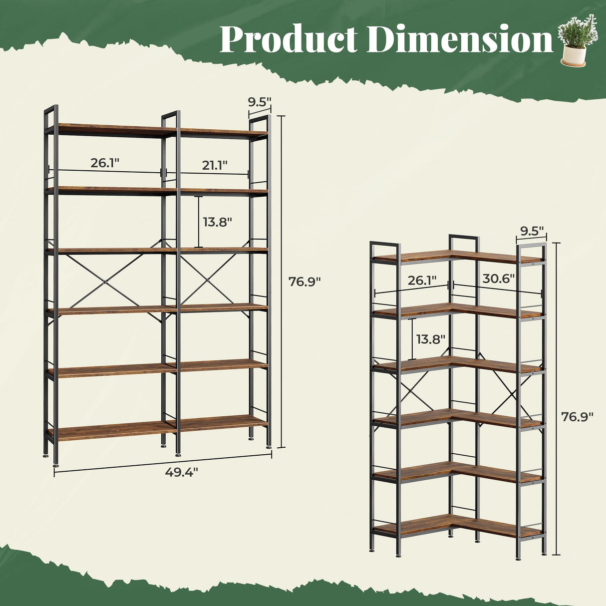 Huuger 6 Tier Bookshelf, L Shaped Corner Bookshelf with Open Shelves, 49.4 Inch Straight Wide Bookcase with Metal Frame and Wooden Board, Adjustable Feet, Rustic Brown Huuger