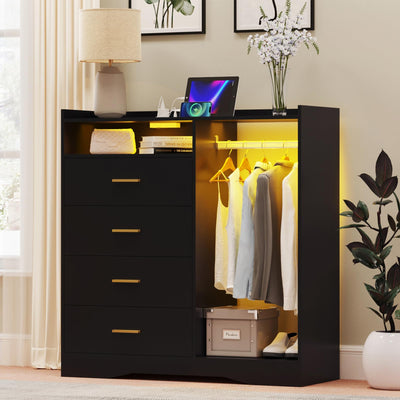 Wooden Dresser for Bedroom with Clothing Rack, Modern 4 Drawer Dresser with Charging Station and LED Lights, Storage Chest of Drawers for Small Space Hallway Closet (Black)