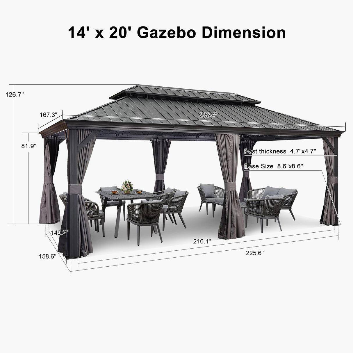 PURPLE LEAF 14' X 20' Outdoor Gazebo with Galvanized Steel Metal Roof Permanent Hardtop Gazebo for Patio Lawn and Garden Large Pavilion Grey PURPLE LEAF