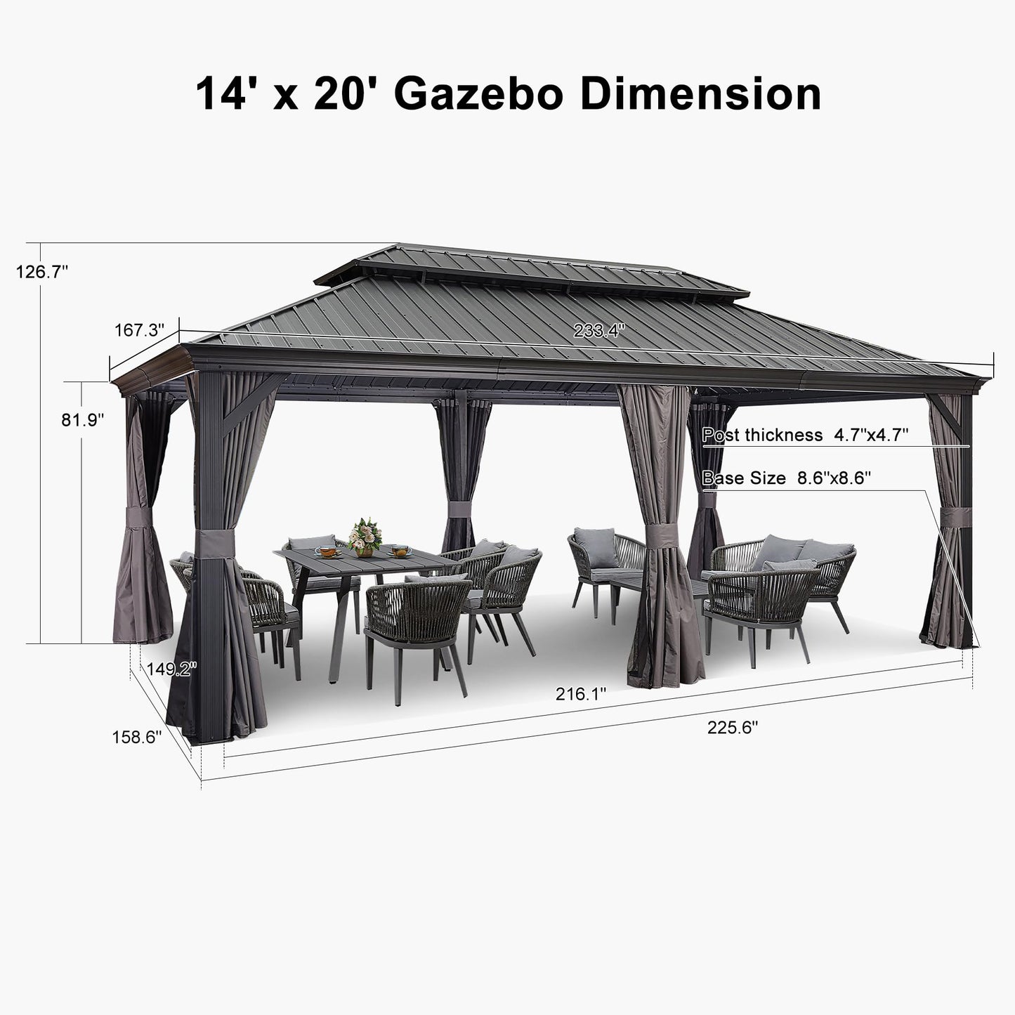 PURPLE LEAF 14' X 20' Outdoor Gazebo with Galvanized Steel Metal Roof Permanent Hardtop Gazebo for Patio Lawn and Garden Large Pavilion Grey - WoodArtSupply