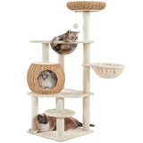 Yaheetech Cat Tree, 54in Rattan Cat Tree Tower with Luxury Woven Condo, Clear Bowl, Washable Cushions, and Scratching Posts, Cat Furniture for Indoor Cats Yaheetech